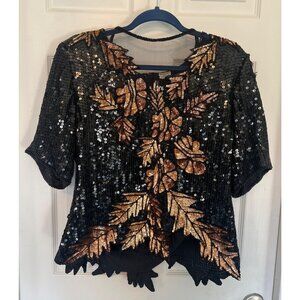 Vintage 80's Stenay Short Sleeve Sequin Floral 100% Silk Formal Blouse Size XL